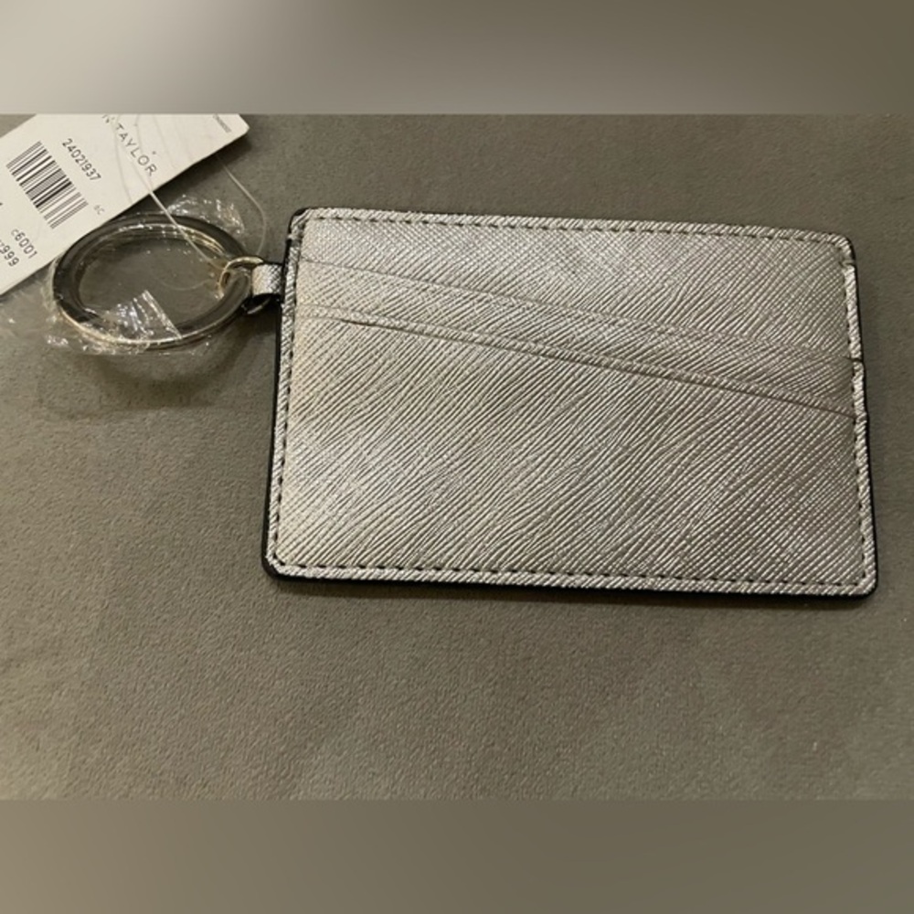 Ann Taylor Metallic Silver Leather Card Case Keychain - New